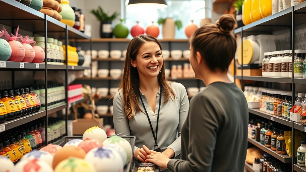 Professional woman in a Lush retail store surrounded by colorful bath bombs, skincare products, and natural ingredients on shelves, smiling while helping a customer, natural lighting, beauty industry workplace aesthetic