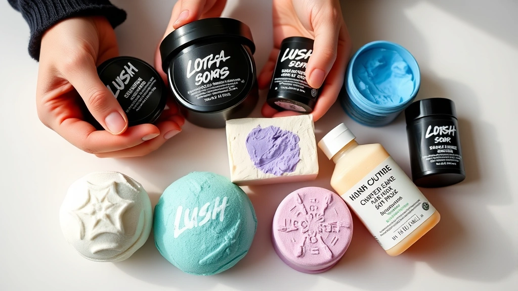 Close-up of hands holding various Lush product samples including bath bombs, solid shampoo bars, and skincare items on a white surface, demonstrating product knowledge and ingredient quality, natural daylight photography