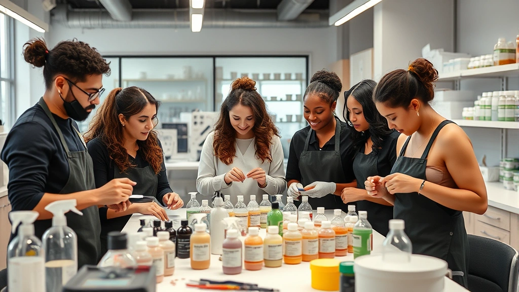Team of diverse beauty professionals in a Lush laboratory or corporate office setting, discussing formulations and reviewing product samples, collaborative workspace with modern equipment and ingredient containers visible