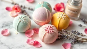 Close-up of colorful handmade bath bombs and natural cosmetics arranged on white marble surface with fresh botanicals like rose petals and lavender sprigs, soft natural lighting, photorealistic beauty product photography
