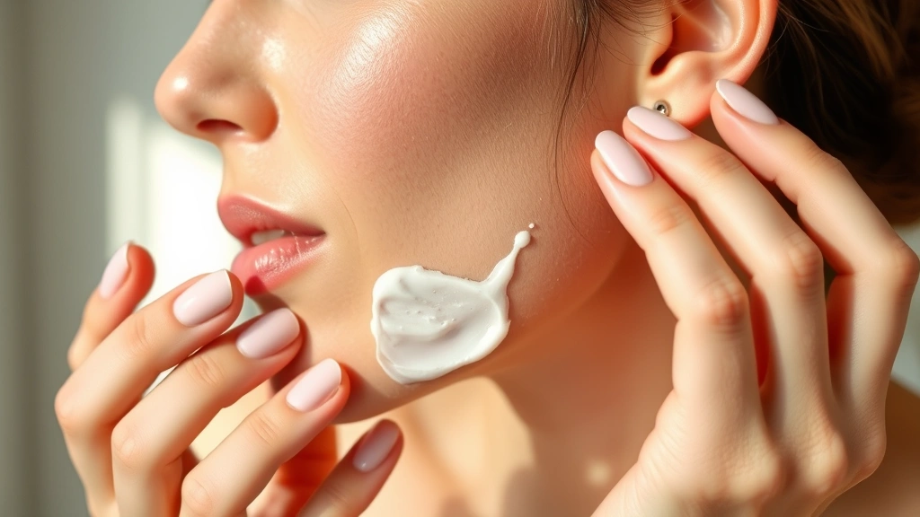 Woman applying rich cream moisturizer to her cheek, showing texture and natural glow, professional skincare application demonstration, natural indoor lighting with soft shadows, authentic beauty routine moment