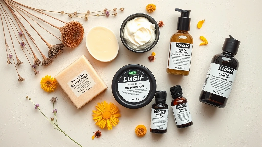 Flat lay composition of Lush-style natural cosmetics including solid shampoo bar, whipped body butter, facial cleanser, and essential oils on neutral background with dried flowers and botanical elements, minimalist styling