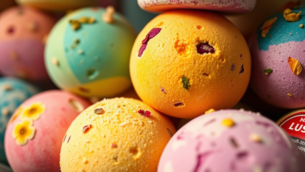 Close-up of colorful Lush bath bombs stacked in a glass display case, vibrant fizzy textures with botanical ingredients visible, warm studio lighting showcasing product details and fresh ingredients like flower petals and herbs embedded in products