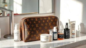 Luxurious Louis Vuitton monogram cosmetic pouch displayed on marble vanity with organized skincare bottles including serums and moisturizers beside it, natural bathroom lighting, professional beauty setup
