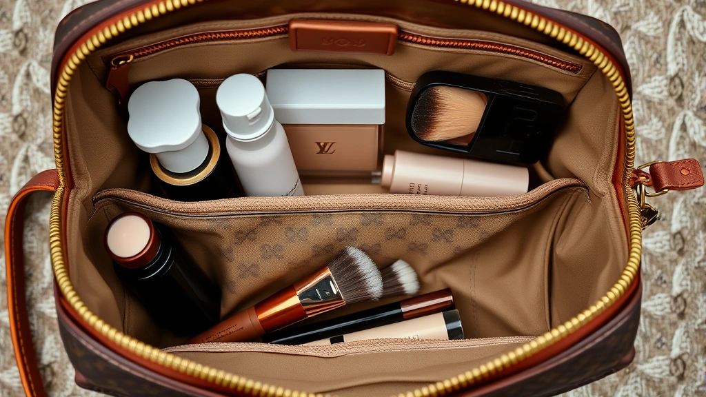 Close-up of LV cosmetic bag interior showing perfectly organized compartments with various beauty products, makeup brushes in pocket, clean organized storage system, overhead flat lay photography