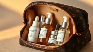 Luxury Louis Vuitton cosmetic pouch in monogram canvas with open compartments displaying organized skincare bottles and serums, professional product photography, warm lighting, neutral background
