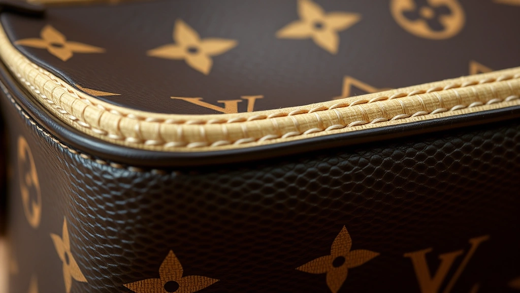 Close-up detail of LV pouch material quality showing monogram pattern, leather trim, and reinforced stitching, high-resolution texture photography, natural daylight, minimalist styling