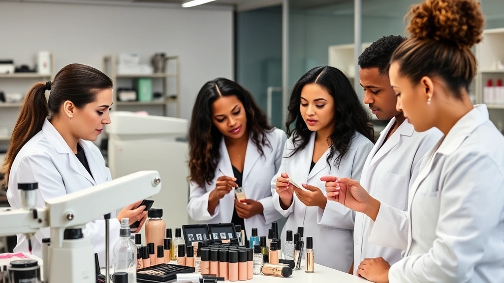Beauty professionals collaborating in modern laboratory setting, examining makeup formulations in glass containers, scientific equipment visible, diverse team discussing product development