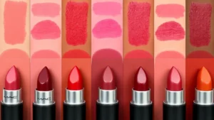 Close-up of swatched MAC lipstick shades on diverse skin tones showing color payoff and finish variations, arranged in organized rows with warm and cool undertones clearly visible