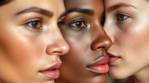 Close-up of diverse skin tones showing different undertones—warm golden, cool pink, and neutral blended complexions—with natural diffused lighting highlighting subtle color variations on cheeks and jawline