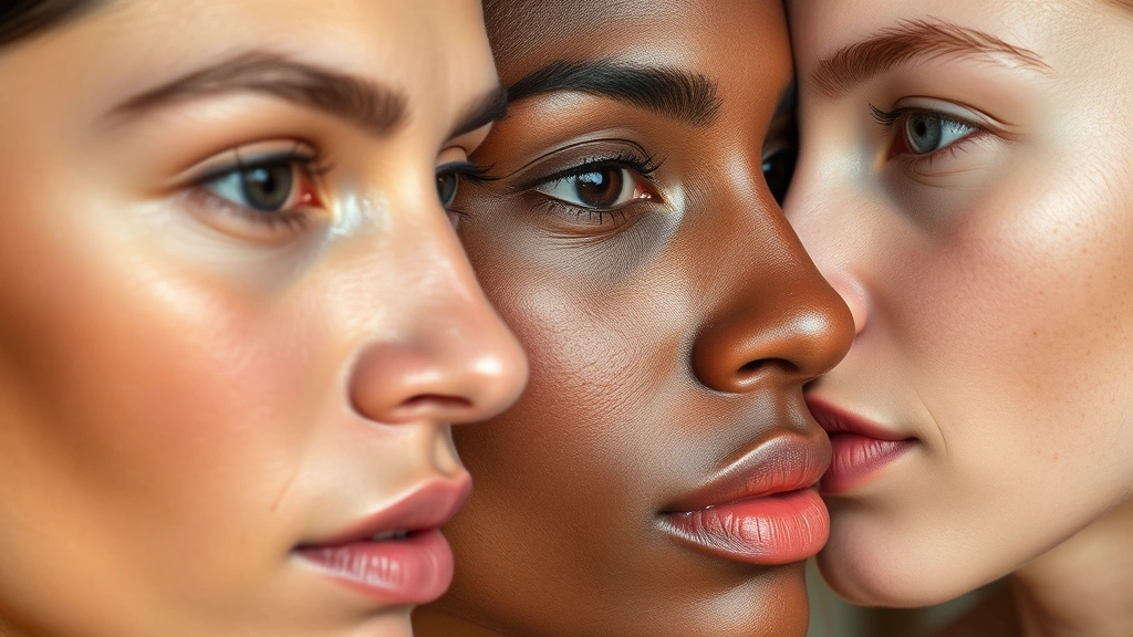 Close-up of diverse skin tones showing different undertones—warm golden, cool pink, and neutral blended complexions—with natural diffused lighting highlighting subtle color variations on cheeks and jawline