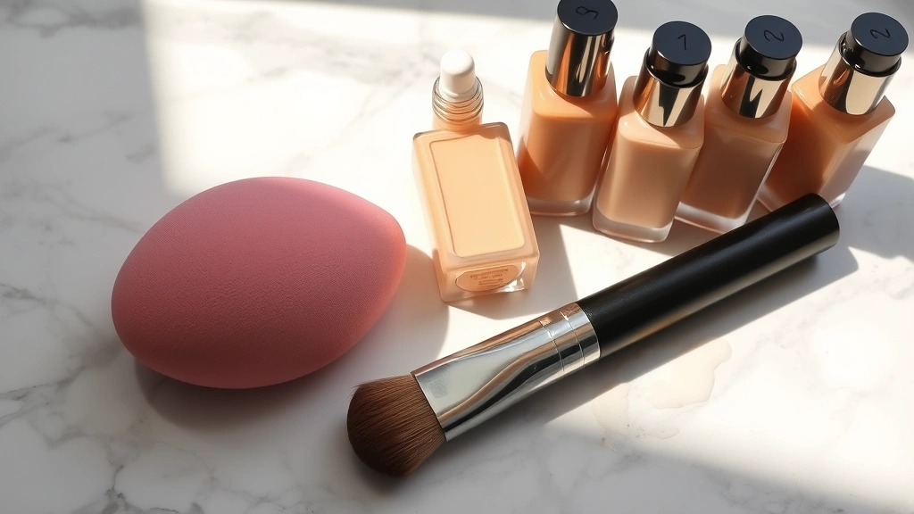 Beauty sponge and foundation brush laid on a marble surface next to opened liquid foundation bottles in multiple shades, with morning sunlight creating soft shadows showing color depth differences