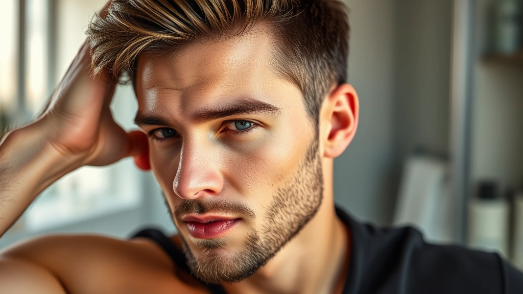 Professional male model with thick, healthy, styled hair using premium grooming products in modern bathroom setting with natural lighting, close-up of hair texture and shine