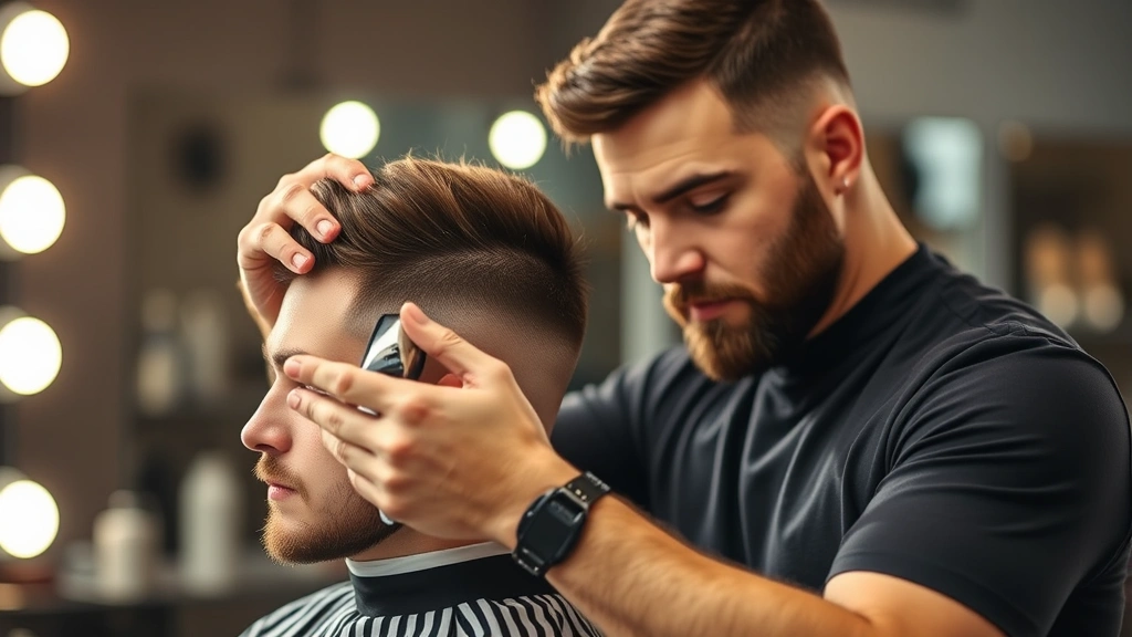 Male barber applying conditioning treatment to client's hair during grooming session, showing product application technique and hair texture detail with warm professional salon lighting