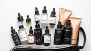 Flat lay photography of an organized men's travel cosmetic bag interior with neatly arranged skincare bottles, serums, moisturizers, and cleansers in neutral tones, professional lighting, clean white background, no visible labels or text on products