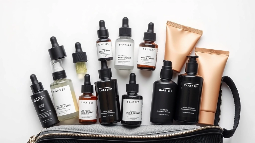 Flat lay photography of an organized men's travel cosmetic bag interior with neatly arranged skincare bottles, serums, moisturizers, and cleansers in neutral tones, professional lighting, clean white background, no visible labels or text on products