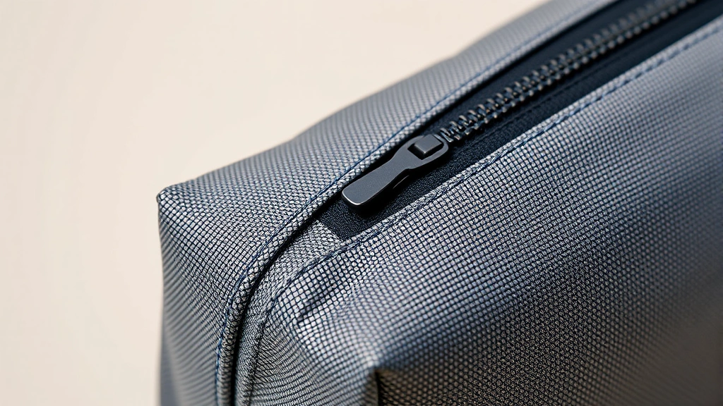 Close-up detail shot of a premium water-resistant cosmetic bag material showing texture, quality stitching, and reinforced zipper, professional product photography style, neutral background, showcasing durability features