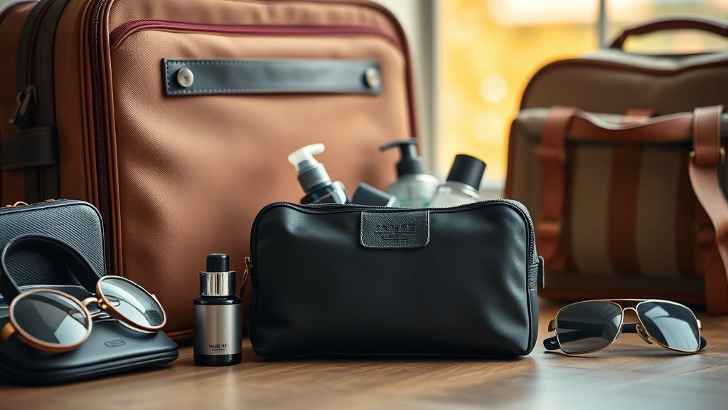 Styled travel scene showing a men's cosmetic bag packed for a trip with toiletries, positioned near luggage and travel accessories, warm natural lighting, sophisticated masculine aesthetic, no visible product branding or text