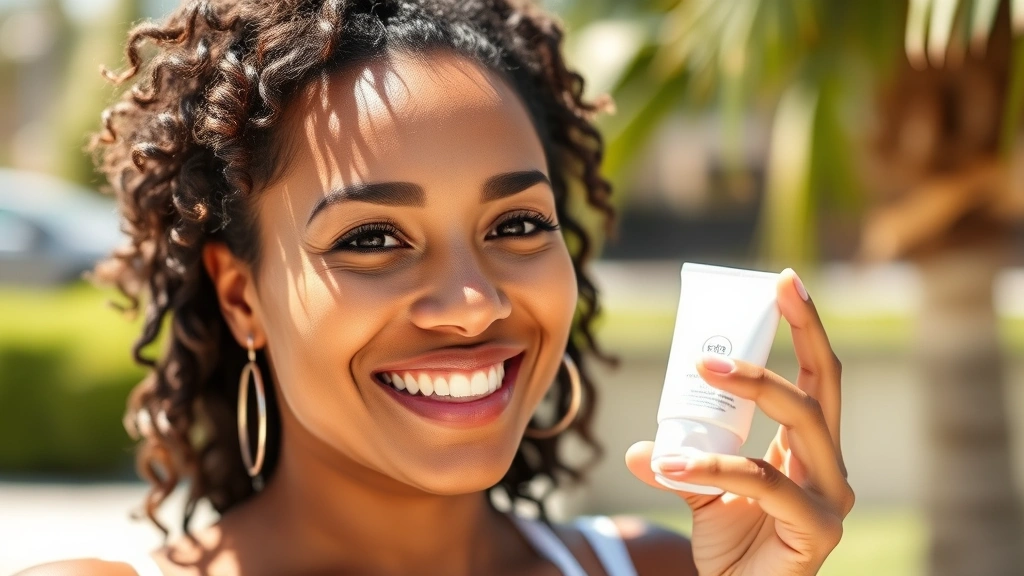 Diverse woman with glowing skin applying broad-spectrum sunscreen to her face outdoors during sunny day, demonstrating UV protection, summer skincare routine, natural daylight, healthy complexion