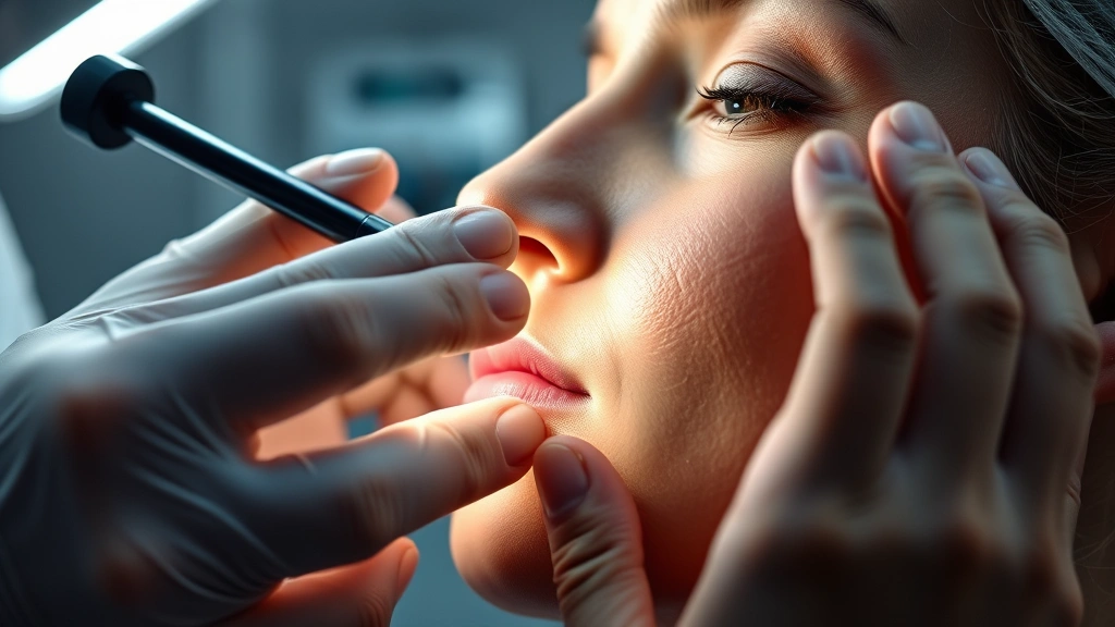 Close-up of dermatologist examining patient's skin texture using professional lighting in clinical setting, showing professional skincare consultation, barrier assessment, clinical expertise