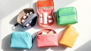 A flat-lay arrangement of five different colorful mini cosmetic bags opened to display their interior compartments and organization features, with skincare bottles and makeup items neatly organized inside, photographed from above with natural lighting