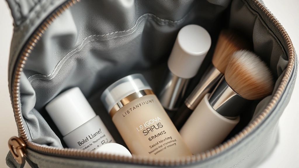 A close-up detail shot of premium mini cosmetic bag interior showing microfiber lining, multiple compartments with delicate skincare serums, foundations, and brushes organized by product type, soft studio lighting highlighting texture and quality