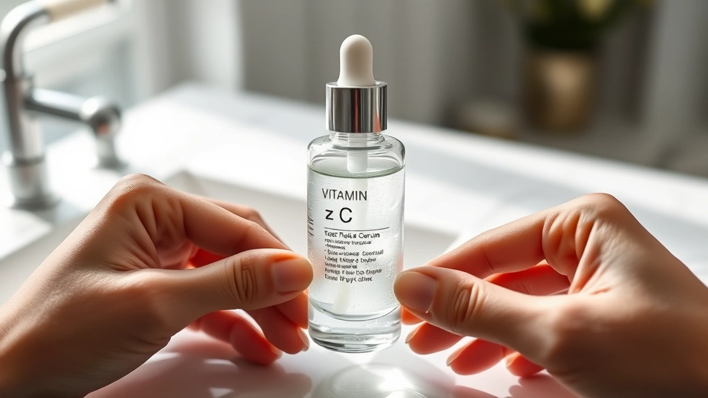 Close-up of hands holding a chilled glass bottle of clear vitamin C serum with condensation, positioned over a minimalist white marble vanity with soft natural window lighting