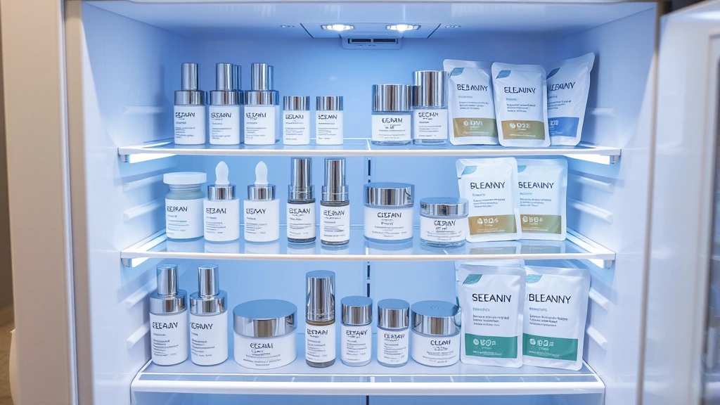 Interior view of a sleek white mini cosmetic fridge with LED lighting, displaying neatly organized rows of serums, eye creams, and sheet masks on transparent shelves with soft blue glow