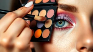 Professional makeup artist applying vibrant Morphe eyeshadow palette with diverse shade range on model's eyelid, showing pigmentation and blendability in natural lighting, close-up shot of brush and eyeshadow texture