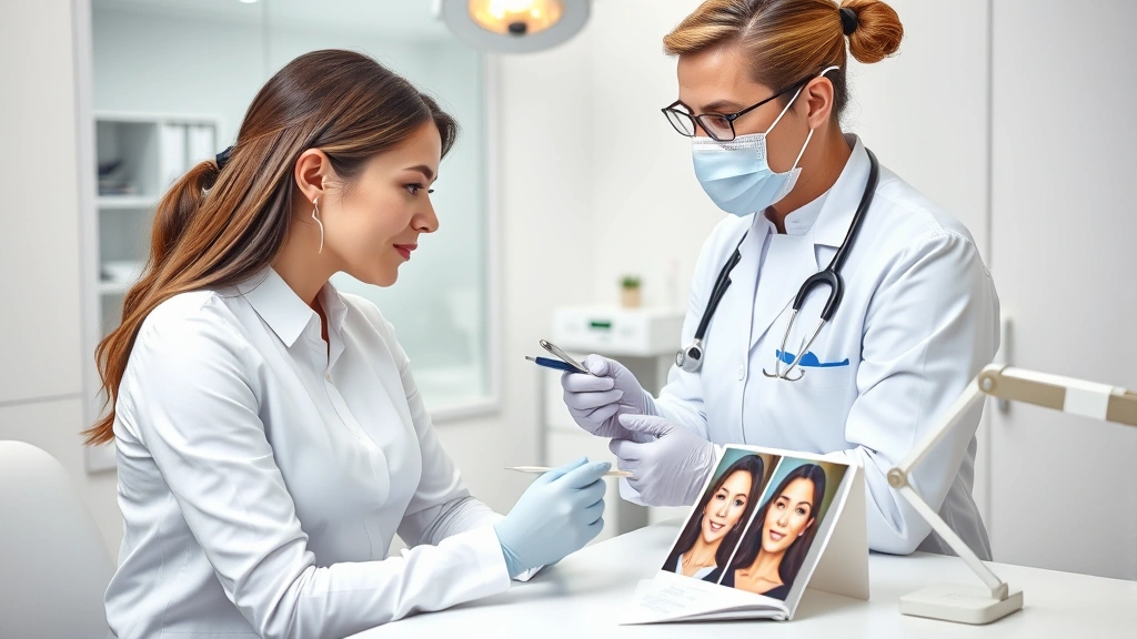 Professional female patient consultation with board-certified plastic surgeon in sterile white clinical office, examining facial structure with medical instruments and before-after photographs on desk, warm professional lighting