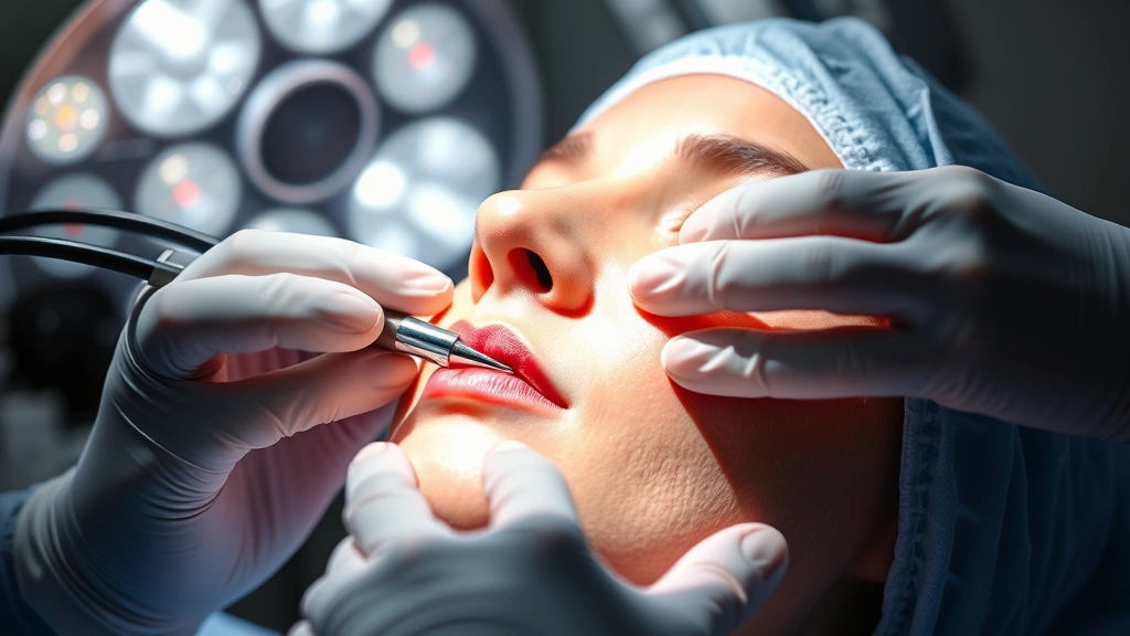 Close-up of skilled surgical hands performing precise facial cosmetic procedure under bright surgical lights with advanced monitoring equipment visible, emphasizing precision and professional technique