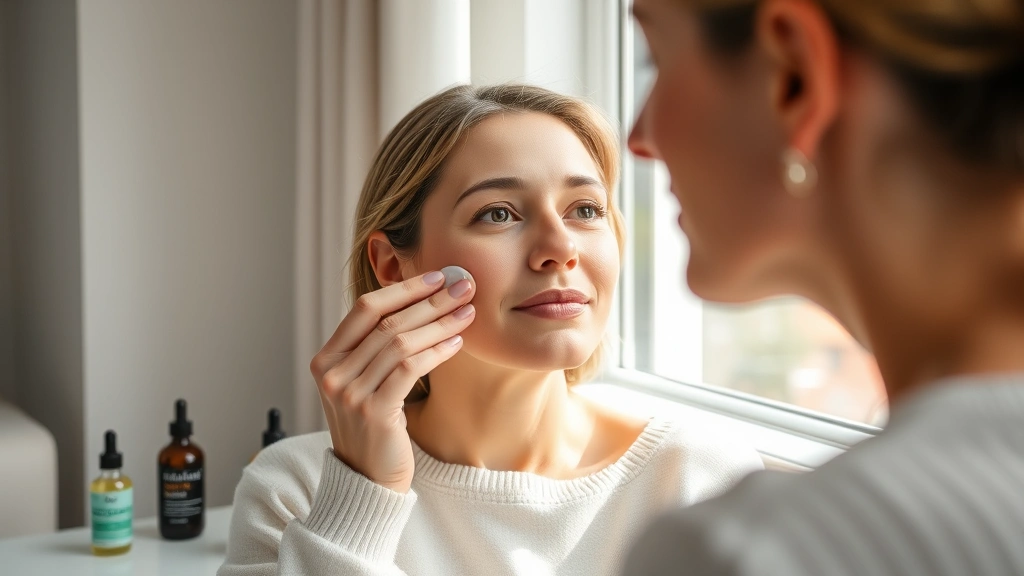 Woman applying gentle skincare moisturizer to face during post-operative recovery period, sitting near natural window light with hydrating serum bottles nearby, showing post-surgery skincare routine