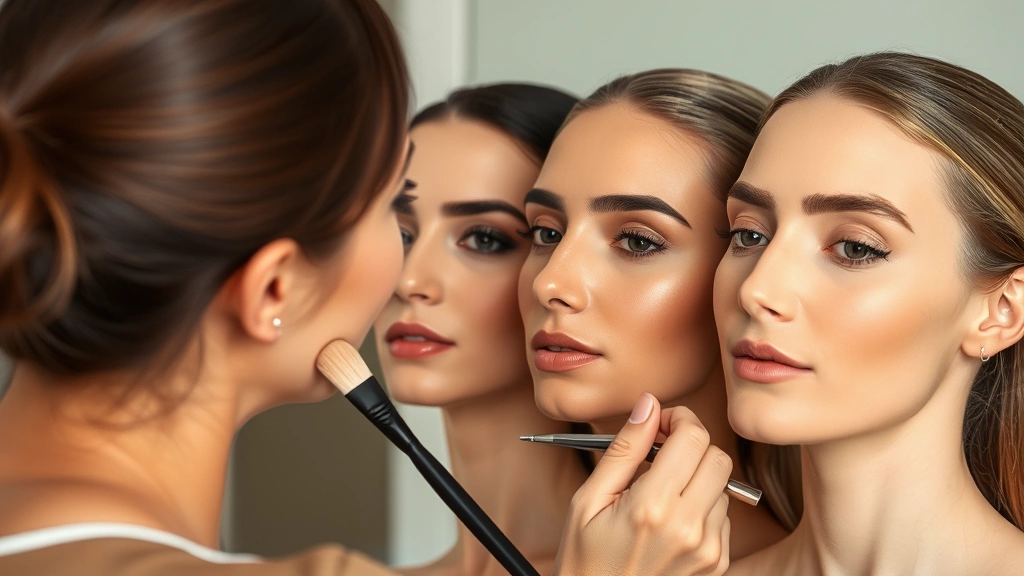 Makeup artist applying liquid foundation to diverse model's face with brush, showing coverage and blending on different skin zones