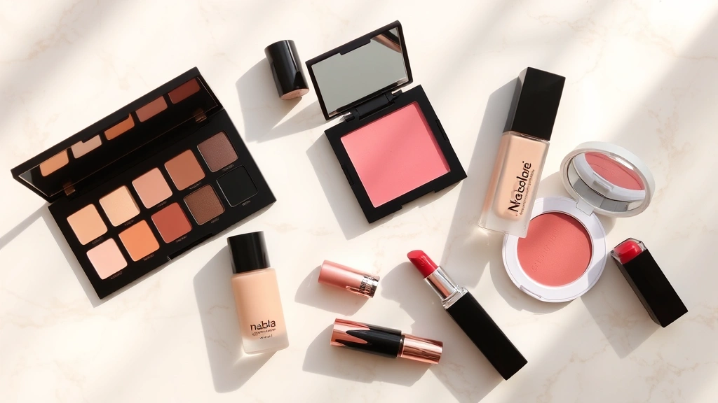 Flatlay of Nabla cosmetics products including eyeshadow palettes, foundation bottles, blush compacts, and lipsticks arranged on neutral marble background with soft shadows