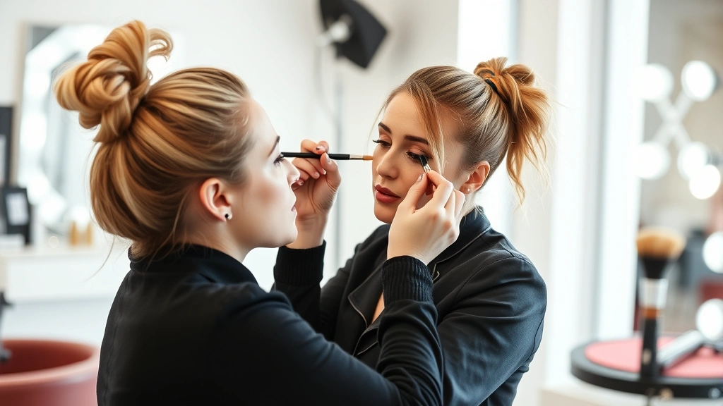 Professional makeup artist applying eyeshadow with precision brushes to client's eyelid in bright salon studio setting with mirror and professional lighting