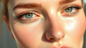 Close-up of luminous, dewy skin with natural makeup showing hyaluronic acid hydration effect, morning sunlight, flawless complexion texture, no product visible