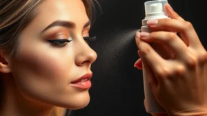 Close-up of a makeup artist applying setting spray to a client's face with even misting technique, professional studio lighting, fresh glowing skin visible