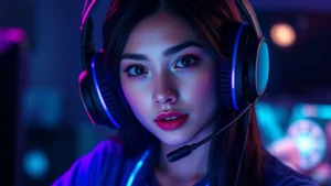 Professional female gamer wearing high-end gaming headset, dramatic lighting on face showing flawless complexion, ethereal blue-purple glow effect around shoulders, photorealistic skin texture visible, gaming setup blurred background, beauty editorial style lighting