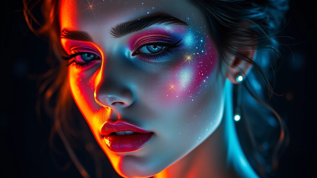 Beautiful person with complete cosmetic transformation featuring celestial-themed makeup, glowing particle effects digitally enhanced around face, ethereal aesthetic, professional beauty photography, dramatic side lighting emphasizing skin radiance, high-end cosmetic application artistry visible