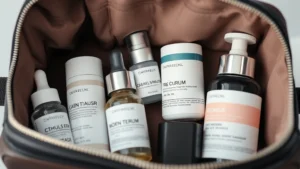 Close-up of organized cosmetic bag interior with separated compartments containing skincare serums, bottles, and beauty products neatly arranged with labels visible, soft natural lighting highlighting product preservation