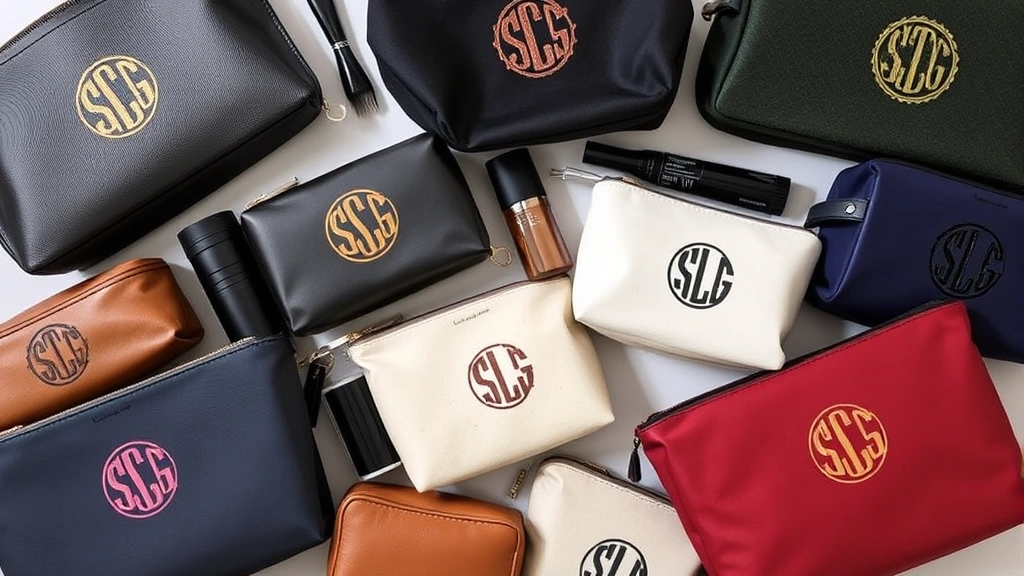 Flat lay composition of various personalized cosmetic bags in different materials—leather, canvas, nylon—with custom monograms and designs, arranged to show quality, durability, and professional aesthetic appeal