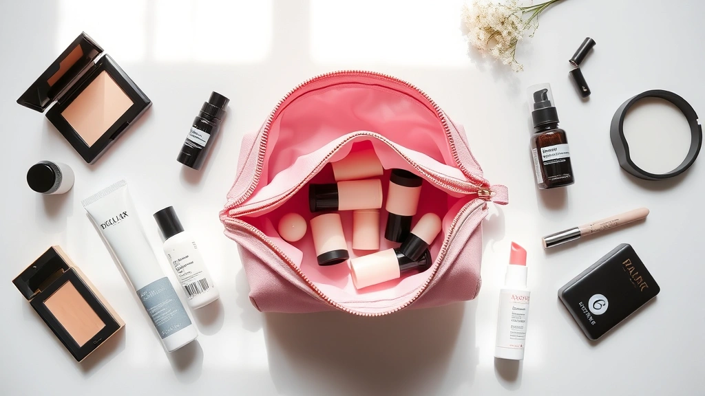 Flat lay of luxury pink canvas cosmetic bag with waterproof lining open showing organized compartments, surrounded by skincare bottles, serums, and makeup products arranged neatly, soft natural lighting from above, minimalist aesthetic background