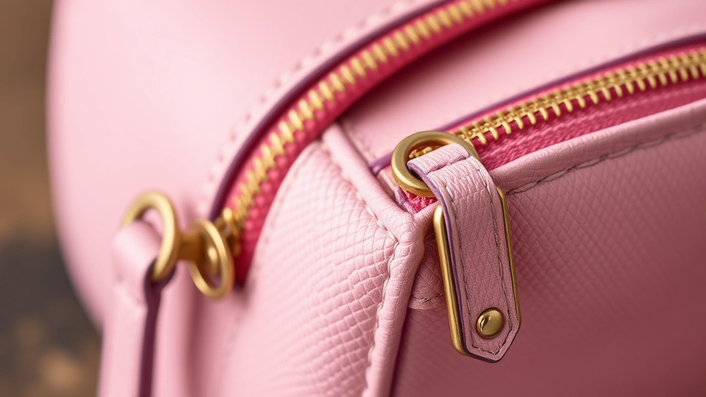 Close-up detail shot of high-quality pink cosmetic bag featuring reinforced stitching, brass hardware, and zipper mechanism, showing texture and craftsmanship, professional product photography style with shallow depth of field
