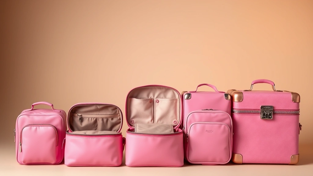 Organized collection of five different pink cosmetic bags displayed side by side showing size variation from compact to professional makeup case, each bag partially open revealing interior organization systems, warm studio lighting, neutral background