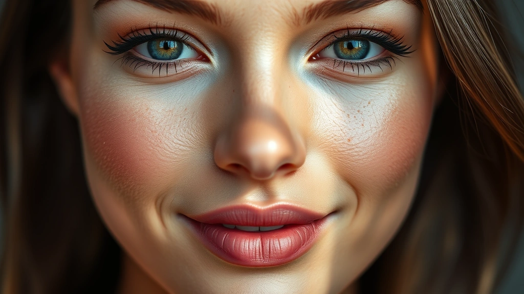 Close-up of a woman's glowing, radiant face with visible skin texture and natural light reflection, showcasing smooth, hydrated, youthful complexion with subtle luminosity