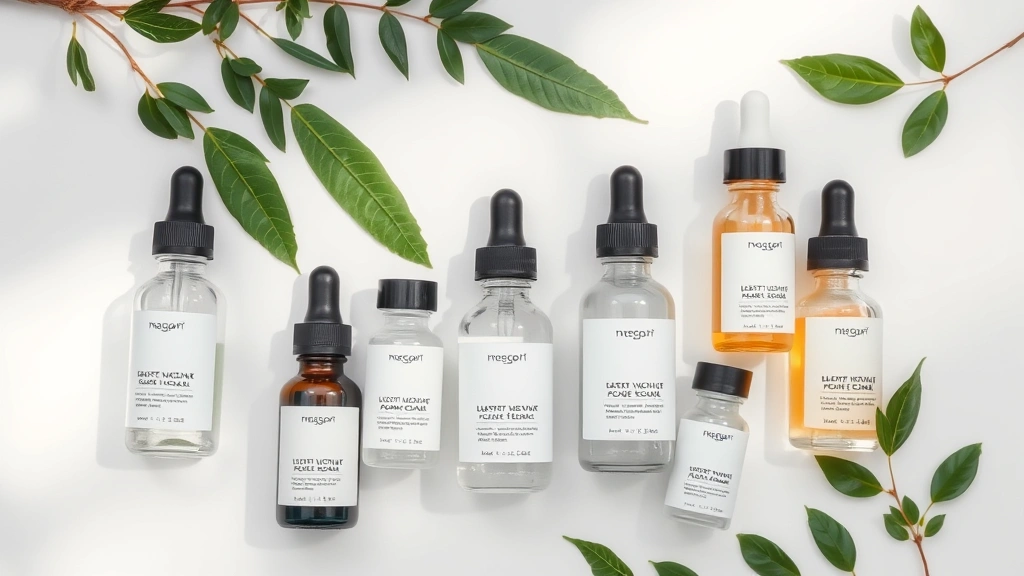 Flat lay of premium skincare bottles and serums in clear glass containers with droppers, arranged on a clean white surface with soft diffused lighting and green botanical elements