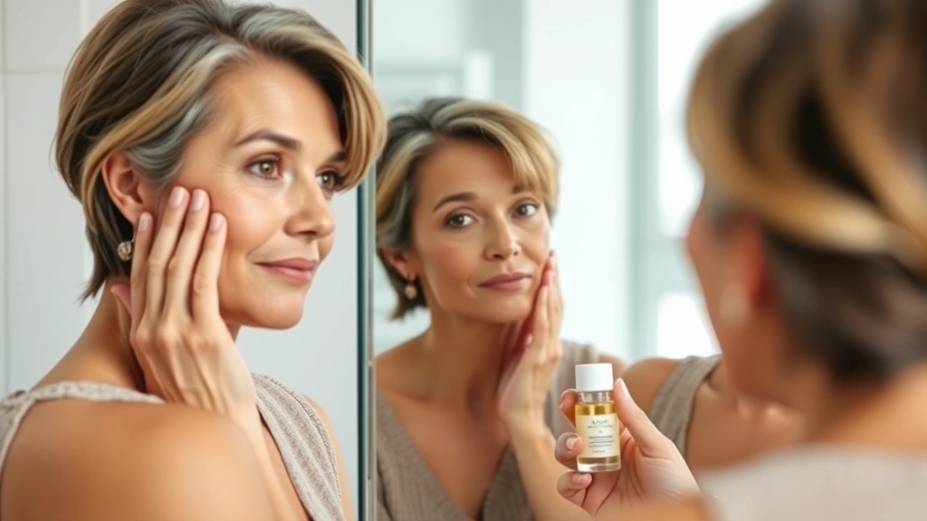 Middle-aged woman applying serum to her face with fingertips, natural bathroom lighting, mirror reflection showing focused skincare routine, professional and authentic moment