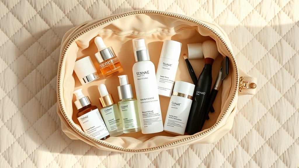 Overhead flat lay of organized quilted cosmetic bag with neatly arranged skincare bottles, serums, and makeup brushes visible inside open compartments, soft natural lighting, beige and cream tones