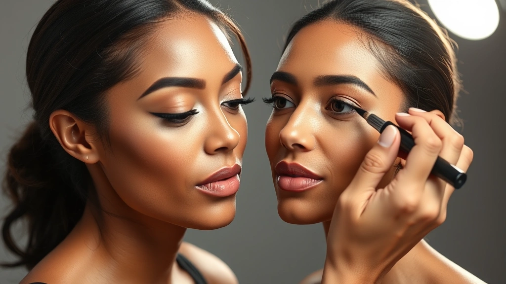 Professional makeup artist applying full-coverage liquid foundation to diverse woman's face with precision, studio lighting highlighting natural skin texture and blended finish