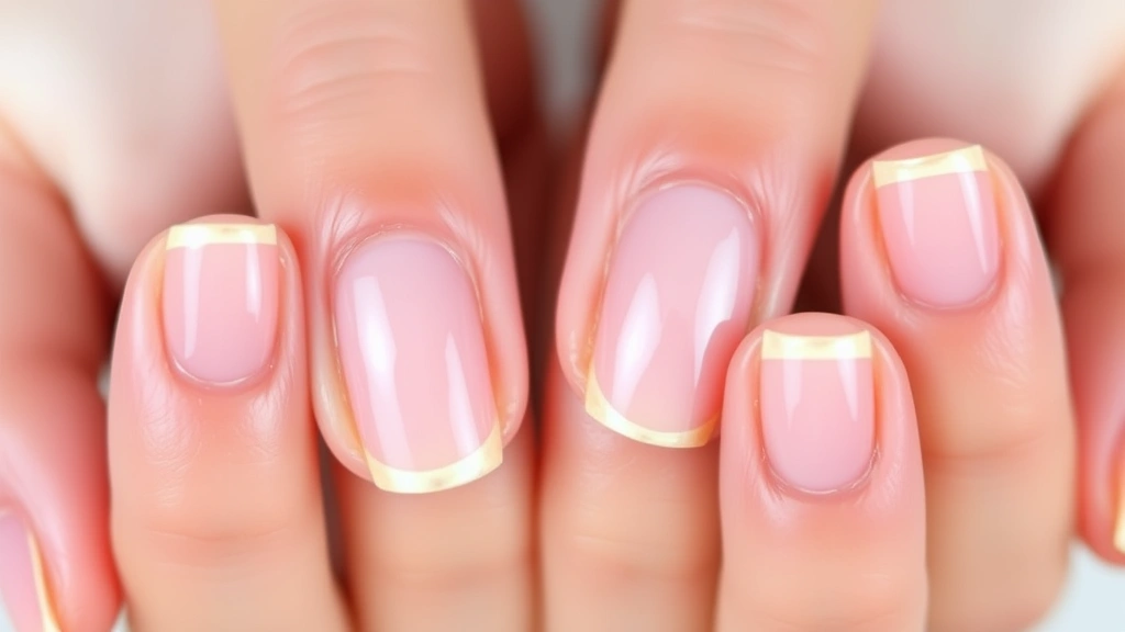 Close-up of healthy, glossy nails with a subtle sheen, showing strong nail beds and well-groomed cuticles with soft pink undertones, hands positioned naturally on a light background